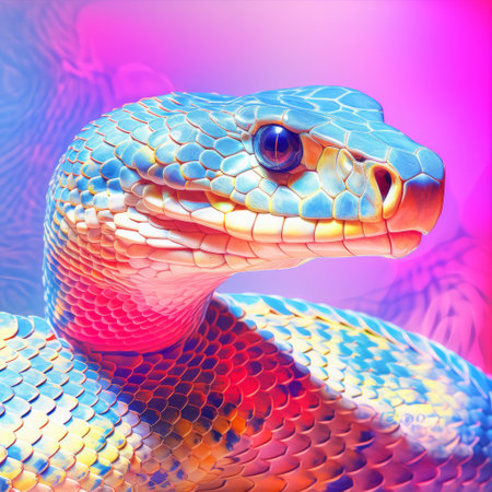a snake, in the style of neon impressionism, is seated with its mouth wide open. the realistic hyper-detailed rendering showcases its light crimson and light azure colors. the macro perspectives capture its vibrant spectrum colors, while the textured surface layers add depth to the image. ai generatedの素材
