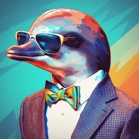 the cat is wearing sunglasses, showcasing a unique blend of life-like avian illustrations and synthwave aesthetics. this digitally enhanced image combines elements of duckcore and political illustration, resulting in a captivating portrayal. the cat's stylish sunglasses add a touch of charm to the naturalistic bird portraits, making it a handsome and eye-catching composition. ai generatedの素材