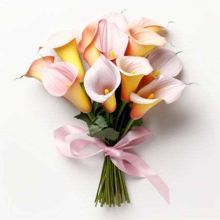 calla lily bouquet with pink ribbon, displayed against a white wall. the petals are scattered on a table in the background. this elegant arrangement, reminiscent of the style of zbrush, features colorized, emotive faces in light pink and light orange hues. created by lowell herrero, the artwork evokes romantic themes with its smooth and shiny appearance. ai generatedの素材