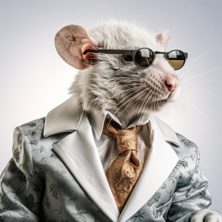 a mouse, dressed in a suit and tie, poses as a businessman wearing sunglasses. this surreal post-modernist photograph captures the white and amber tones, showcasing the wildlife photography genre. with a touch of grandparentcore, the image combines elements of zbrush, jazzy vibes, fashionable flair, and a hint of corporate punk. ai generatedの素材