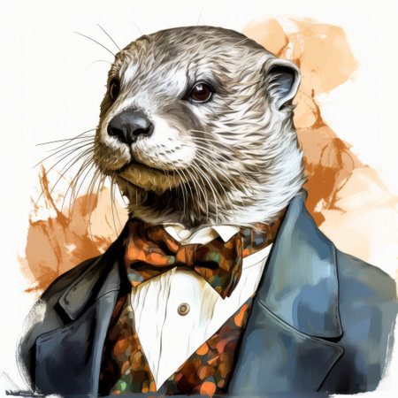 an otter dressed in a tuxedo and bow tie is depicted in this portrait-style illustration. the artwork draws inspiration from the styles of portrait painters dmitry vishnevsky, serge marshennikov, and children's book author beatrix potter. the illustration showcases a saturated, loose, and painterly aesthetic commonly found in scientific illustrations. ai generatedの素材