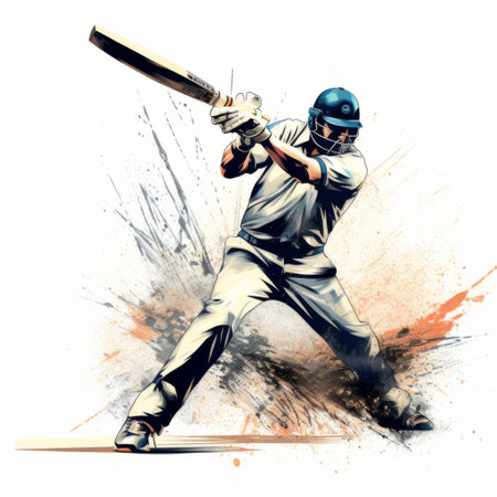 a man playing cricket with strong graphic elements and textural paint effects. the image showcases a realistic portrayal of the sport, with subtle ink application and explosive pigmentation. the color palette consists of light beige and navy, adding to the overall visual appeal. ai generatedの素材