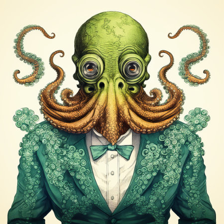 a green creature in a suit and tuxedo, depicted in the style of intricate and bizarre illustrations by marine painter caras ionut. this realistic hyper-detailed portrait showcases a lovecraftian influence with surrealist symbolism, resulting in a witty and clever cartoon-like image. ai generatedの素材