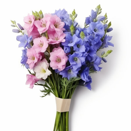 an arrangement of blue, pink, and purple flowers showcasing a monochromatic color scheme. inspired by environmental awareness and the artistic style of hyman bloom, the flowers are wrapped in a natural simplicity. the smooth and humble charm of this arrangement adds to its overall appeal. ai generatedの素材