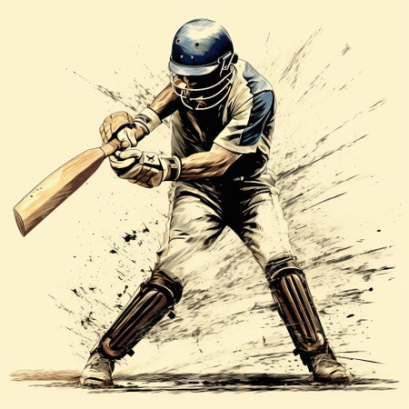 cricketer in the field, hitting a ball with a bat, depicted through detailed pen strokes. the artwork showcases indigo and beige tones, with textural paint effects adding depth. the vintage imagery style, reminiscent of arman manookian, captures the essence of the dusty piles and provides an accurate and detailed representation. ai generatedの素材
