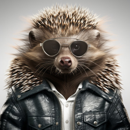 a hedgehog, sporting sunglasses and a leather jacket, poses for a studio portrait. this digitally manipulated image showcases the unique style of roguecore, with photographically detailed portraitures. the hedgehog's smooth and shiny appearance adds to the overall charm of this ironical and characterized animal portrait. ai generatedの素材