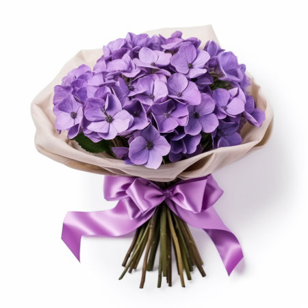 purple hydrant flowers are elegantly wrapped in a beautiful bow, showcasing their vibrant purple hues. the composition features a white background, allowing the translucent colors of the flowers to shine. the image is captured in the style of aquirax uno, with a high tonal range that adds depth and sophistication. helga ancher's understated approach enhances the overall aesthetic. ai generatedの素材