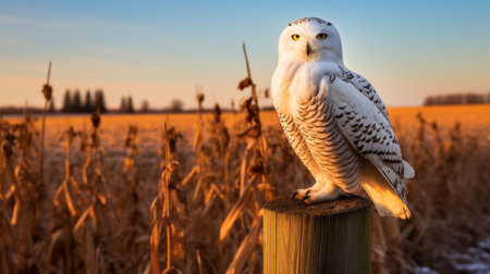 snowy owl perched on a rustic wooden fence in a vast field, capturing the essence of narrative-driven visual storytelling. the image showcases bold chromaticity, with a play of light in shades of white and amber. the scene evokes a sense of midwest gothic, reminiscent of iconic hollywood stars. the photograph, reminiscent of the works of stephen shortridge, is bathed in a captivating golden light. aiの素材