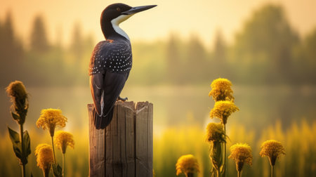 a fox perched on a wooden post in the morning near a pond, surrounded by vibrant flowers. the photo features a dark purple and light gold color scheme, with accurate bird specimens in light yellow and black. sunrays illuminate the scene, creating a dotted pattern and strong contrast. this prairiecore-inspired image captures the beauty of nature. ai generatedの素材