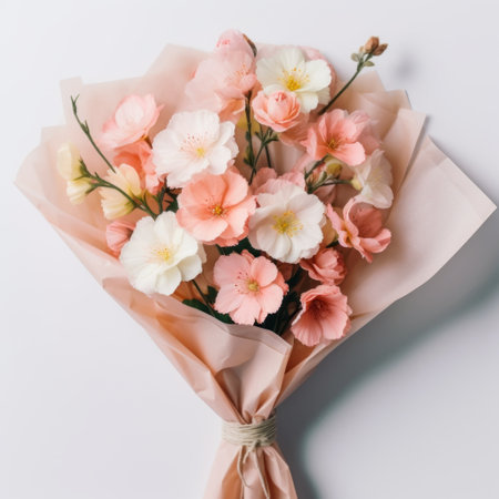 a white and pink paper bouquet with flowers is beautifully arranged in a white vase, creating a stunning contrast against the light orange and light brown background. the cherry blossoms add a touch of elegance to the composition. captured with fujifilm natura 1600, this wrapped aesthetic arrangement features a delightful combination of light pink and light emerald colors, creating a visually pleasing and large-scale display.の素材