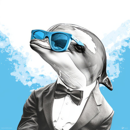 a snarky dolphin dj poster featuring a man in sunglasses. this hyper-realistic animal illustration, inspired by henritte ronner-knip's pencil art illustrations, showcases an elegant and emotive face. the sky-blue and white color scheme, along with digital enhancements, adds a touch of modernity to the wimmelbilder style. ai generatedの素材