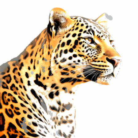 a leopard, depicted in an aggressive digital illustration style, gazes to the side in this photo. against a white background, the photo showcases photo-realistic techniques with a color palette of light yellow and orange. the image evokes the energy of an action painter's illustration, reminiscent of the works of sopheap pich. ai generatedの素材