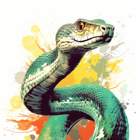 a hyper-realistic illustration of a snake with painted eyes is showcased against an orange background. the artwork features vibrant color splashes, including light indigo and dark green, as well as inkblots. the image is created using the techniques of magewave, holotone printing, and precision painting. ai generatedの素材