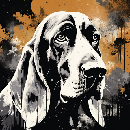 a large black and white dog with a star over its head is depicted in this surrealistic portrait. the dog stands out against a dark orange and dark amber background, which is adorned with detailed hunting scenes and stencil art elements. the realistic color schemes and smokey background add to the overall eerie atmosphere of the painting. ai generatedの素材