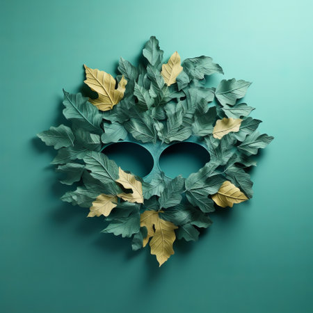 a photo of paper leaves arranged in the shape of a mask, showcasing photorealistic compositions. the mask features a combination of light emerald and gold hues, creating a darkly romantic atmosphere. the illustration draws inspiration from nature, with nature-inspired installations and a touch of neo-classical symmetry. rendered in cinema4d, this photo is a joyful celebration of nature's beauty. ai generatedの素材