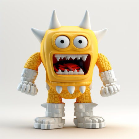 a yellow and red monster figurine, inspired by the intense expressions and spiky mounds of tiago hoisel's artwork, stands next to an object. rendered in the distinctive style of octane render, the figurine's blocky and cartooncore design adds a playful touch. this composition combines elements of mono-ha aesthetics with vibrant colors, creating a visually striking scene. ai generatedの素材