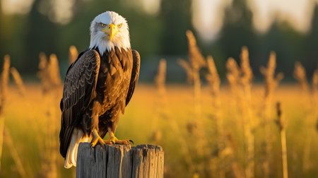bald eagle perched on fence overlooking grass field, bathed in golden light. influenced by precisionism, elizabeth gadd, and gerard van honthorst, the image captures the essence of characterized animals. reflecting the style of the vancouver school, it evokes a strong emotional impact. ai generatedの素材