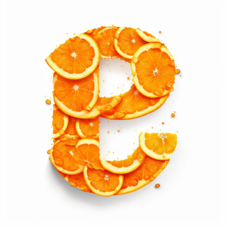 an orange cut-out letter "e" stands out against a white background. this unique image showcases an elaborate fruit arrangement style, with layered imagery and subtle irony. created using bryce 3d software, it is perfect for websites, hand lettering, and innovative page designs. the energy-filled illustrations add a vibrant touch to any project. ai generatedの素材