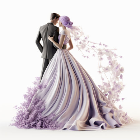 a high-resolution stock photo featuring a 2d animated illustration of a couple's wedding cake. the cake is beautifully designed in shades of purple and gray, with ethereal foliage and elegant flower decorations. this maquette-style, futuristic fantasy illustration is perfect for wedding-related content and is available in 3d as well. ai generatedの素材