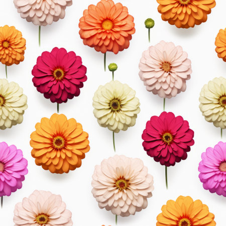 multiple colored zinnias arranged in a retro style on a solid white background. the zinnias are not touching each other, creating a visually appealing composition. the photo has no shadows, allowing the vibrant colors of the zinnias to stand out. ai generatedの素材