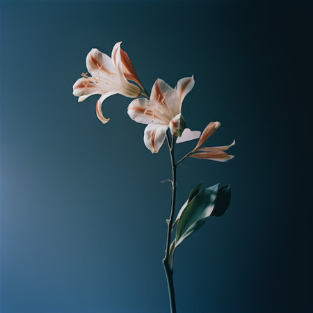 a photo of a flower by jil, featuring minimal retouching. the dark sky-blue and light pink colors create a realistic still life with dramatic lighting. captured with a sony alpha a7 iii, the image showcases figurative naturalism. the flower's light orange and white hues add a touch of pristine naturalism to the composition. ai generatedの素材