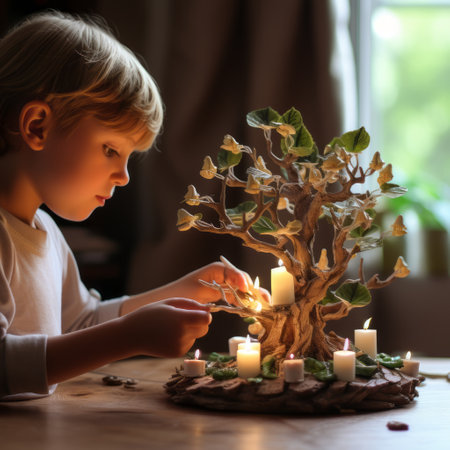 a young boy lights up a candle on a tree on a table, showcasing organic nature-inspired forms. this diorama-style fine art photograph captures the essence of miniaturecore with its symmetrical arrangements. the use of vray tracing enhances the visual appeal of this contest-winning image. ai generatedの素材