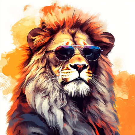 a male lion, depicted in a colorful graphic art style, is captured wearing sunglasses in this digital artwork. the painting showcases elements of painted realism and expressive character designs, reminiscent of the works of grzegorz domaradzki. the lion's vibrant orange and bronze hues, along with the high-contrast shading, add depth and intensity to the composition. ai generatedの素材