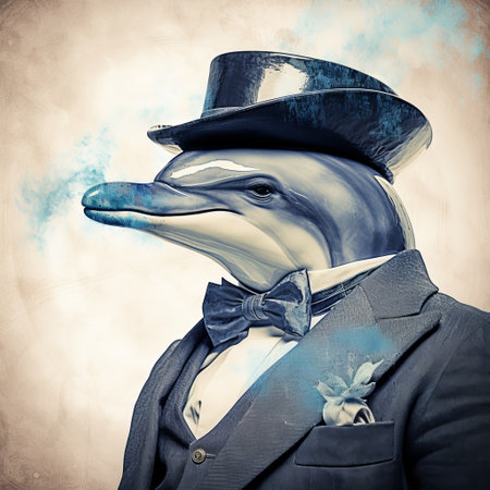a blue suit, reminiscent of surreal animal hybrids, is captured in a sepia tone photograph. the image showcases traditional oceanic art elements, enhanced by retro filters. the color palette of gray and aquamarine adds depth to the composition, while the overall aesthetic exudes a sense of wealthy portraiture. this unique photo embodies the essence of duckcore. ai generatedの素材