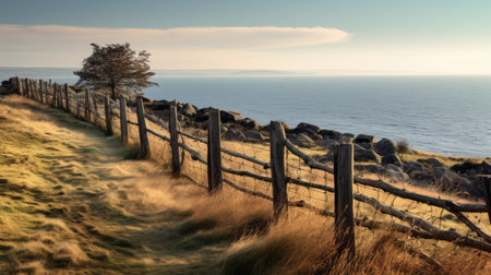 grassy field across from the ocean, captured in the style of adrian donoghue's traditional british landscapes. this backlit photograph, taken with a canon eos 5d mark iv, showcases the rough hewn surfaces of the field. the light amber and sky-blue hues create a lively coastal landscape. ai generatedの素材