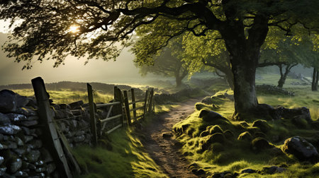 stone path winding through lush green forest, adorned with rocks and trees, reminiscent of traditional british landscapes. sunrays gently illuminate the pastoral scene, creating a captivating and award-winning composition. this fantasy-based photograph captures the essence of rural life, making it a remarkable addition to national geographic's collection. ai generatedの素材
