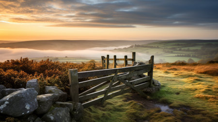 a misty dale mountain in yorkshire, captured in a serene and peaceful ambiance. the photo showcases primitivist elements with rectangular fields, creating a cabincore aesthetic. in the style of light orange and light bronze, the image evokes a tranquil atmosphere. this national geographic photo features a beautiful contrast between light white and dark amber tones. ai generatedの素材