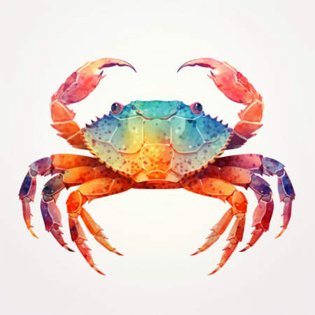 a crab with vibrant colors stands out against a white background, resembling a realistic watercolor painting. the geometric animal figure showcases a blend of light indigo and dark amber, complemented by light turquoise and magenta gradients. the overall effect creates luminous seascapes with a touch of light beige and indigo. ai generatedの素材