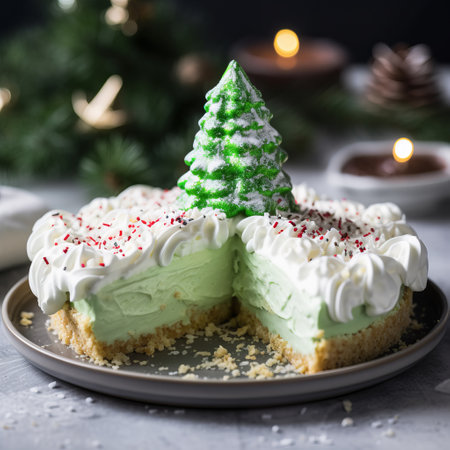 christmas tree dessert cream cheese mini mousse cake with creme de coconut, captured in the style of fujifilm xf 56mm f/1.2 r lens. the image showcases a delightful combination of light green and light aquamarine colors. this uhd photo highlights bold chromaticity and a gigantic scale, while emphasizing intricate details of the cake. ai generatedの素材