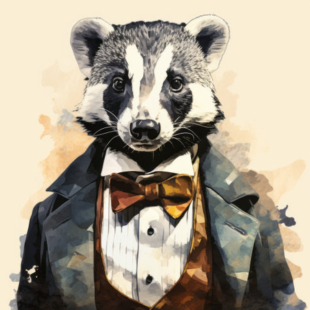 a cool badger is featured in this stock photo, set against a white background. the image is captured in the style of depictions of aristocracy, with a high dynamic range. this award-winning photo also incorporates a halftone effect, adding a unique touch to the composition. ai generatedの素材
