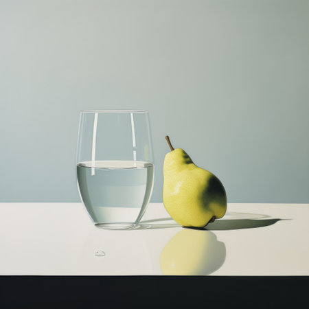 glass of water, minimalist still life, photorealist painting, clear water, simple composition, realistic details, transparent glass, contemporary art, fine art, modern artwork, minimalistic aesthetic, photorealistic technique, artistic representation, clean and pure, refreshing drink, minimalistic approach, precise brushstrokes, hyperrealistic portrayal, artistic interpretation. ai generatedの素材