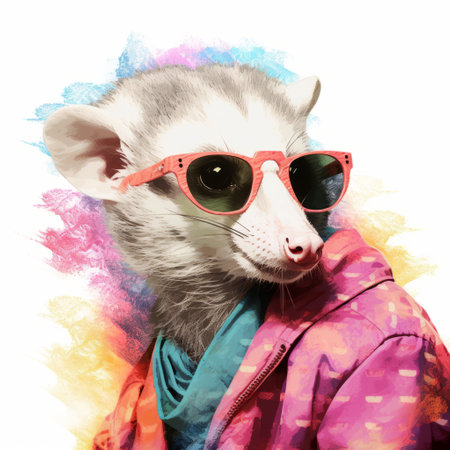 an artwork featuring otto opossum, a plastic figure, sitting on a ledge while wearing sunglasses. the artwork is created in a style that incorporates gradient color blends, street fashion elements, and a vibrant and colorful collage. the explosive pigmentation of light magenta and amber adds to the visual appeal. the artwork can be described as a wimmelbilder, or a busy and detailed image. ai generatedの素材