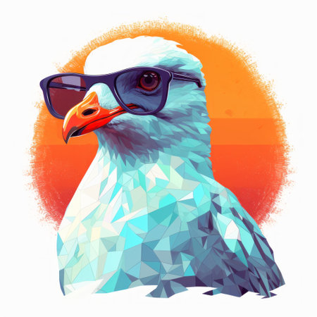 a seagull wearing glasses stands at sunset, showcasing a simplified and stylized portrait. this artwork features geometric aesthetics and hyper-realistic animal illustrations, with a touch of nerdcore influence. it was commissioned for sketchfab, highlighting its vibrant and saturated colors. ai generatedの素材