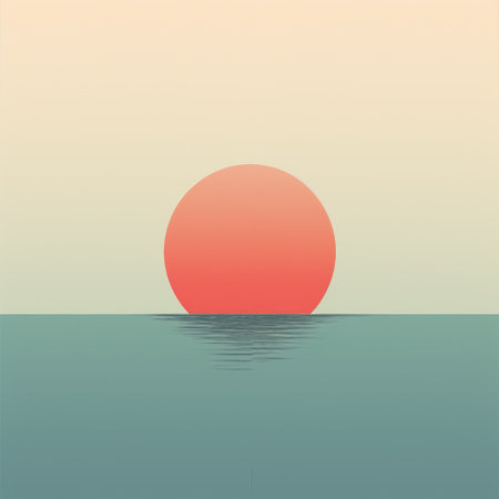 an illustration featuring a sun reflecting on water with a small yellow balloon. the composition follows a muted and minimalist style, incorporating light red and turquoise colors. the image evokes classic japanese simplicity and bold poster designs, with symmetrical balance and a somber mood. ai generatedの素材