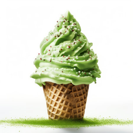 an ice cream cone with vibrant green icing is placed on a surface, exuding a lively and energetic vibe. this hallyu-inspired dessert, reminiscent of bio-art, is captured in a matte photo style, resembling an associated press photo. the cranberrycore adds a pop of color, while the oshare kei influence adds a touch of trendy flair. ai generatedの素材