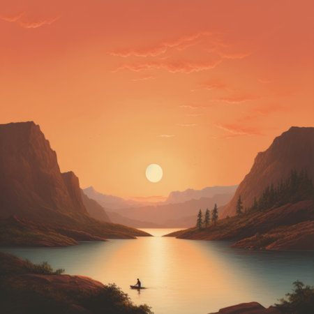 a watercolor illustration depicts people canoeing on a lake, showcasing a tonalist color scheme. the artwork combines elements of digital fantasy landscapes, redscale film, mountainous vistas, animated gifs, and american scene painting. it beautifully captures the essence of nature. ai generatedの素材