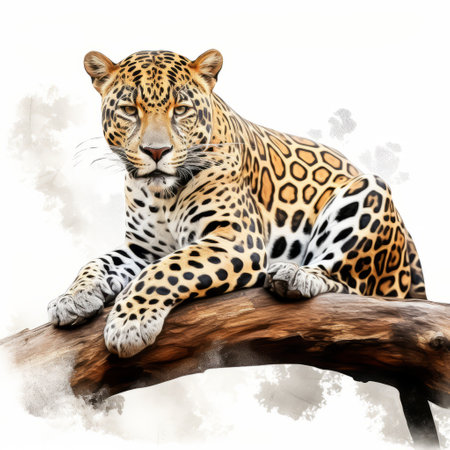 a cartoon jaguar is depicted on a painted tree branch, showcasing hyper-realistic animal illustrations. the artwork is created using colorful watercolors and incorporates pensive poses. the digital art techniques used bring out the vibrant colors and details. the jaguar is portrayed on a shaped canvas, adding a unique touch to the piece. the overall effect is a stunning representation of realistic equine paintings with aの素材