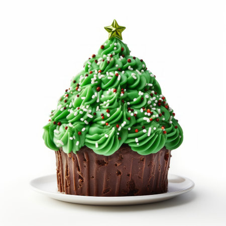 christmas tree cupcake on a white plate background, inspired by the artistic style of john wilhelm. the cupcake features a dark bronze and green color scheme, creating a festive and visually appealing treat. this high-resolution image was captured using a canon af35m camera and edited using zbrush software. created by stephen shortridge, this cupcake utilizes creative techniques to bring holiday cheer to your dessert table.の素材