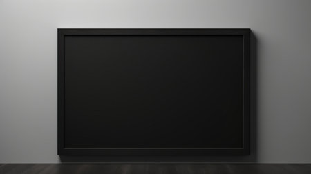 black photo frame hanging on wall, rendered in unreal engine, with a screen format. captured using the tokina at-x 11-16mm f/2.8 pro dx ii lens on a sony alpha a7 iii camera. the kitchen still life features layered veneer panels, creating a dark and stylish ambiance in shades of black and gray. ai generatedの素材