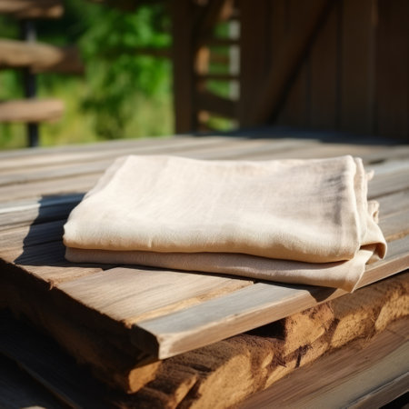 a towel on the wood floor, dried in the style of darktable processing, showcases a light beige and bronze color palette. this plein-air photograph captures a shallow depth of field, resulting in a visually stunning image. taken by tivadar csontvry kosztka, this high-quality uhd photo is a true masterpiece. ai generatedの素材