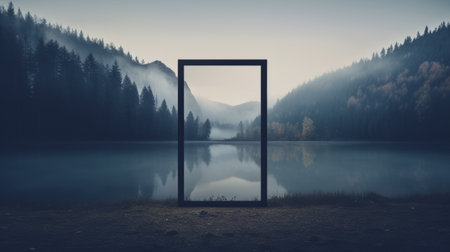 an old door emerges from the mist, standing by a serene lake. this photograph showcases the unique framing and composition of geometric surrealism. the dark and foreboding landscape adds to the minimalistic symmetry of the scene. nature-inspired installations create a spectacular backdrop, framed by the artist's vision. ai generatedの素材