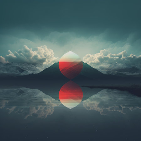 an eye with a rainbow reflected in water is depicted in this minimalist monochromatic artwork. inspired by japanese-style landscapes, the piece showcases a combination of dark teal and light red hues. created in 8k resolution, this digital art portrays a fantastic landscape with captivating horizons. ai generatedの素材