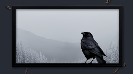 a crow perches on a window frame in this minimalist monochromatic landscape wallpaper. the hyperrealistic animal portrait captures the essence of norwegian nature, while the smokey background adds a touch of mystery. the unique framing and composition, inspired by chris friel's textural explorations, make this wallpaper a captivating addition to any space. download now for a striking and artistic touch to your device. ai generatedの素材