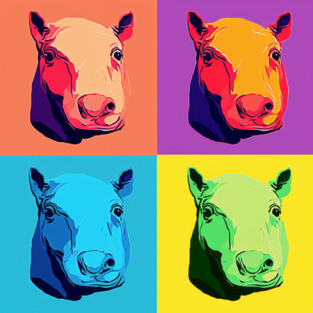 three vibrant pop art-inspired portraits of a hippopotamus, showcasing colorful gradients and digitally enhanced details. these bold and chromatic artworks draw inspiration from quadratura, neo-fauvism, and minimalist styles, resulting in visually striking and captivating portraits of the majestic animal. ai generatedの素材