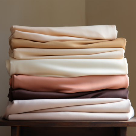 a stack of sheets in earth tones, including light gold, dark brown, light pink, and light amber, is placed on a wooden table near a window. the deconstructed tailoring and use of fabric create a visually appealing arrangement. the combination of dark white and light orange adds a touch of contrast, while the ivory color adds a subtle elegance to the overall composition. ai generatedの素材