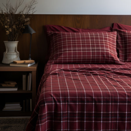 a high-quality photo featuring an extra-large plaid bedspread in the style of dark crimson and white. this visually striking image captures the functional aesthetics and tonal sharpness reminiscent of gregory crewdson's work. with influences from the vancouver school, the photo transports us to the serene landscapes of the southern countryside. ai generatedの素材